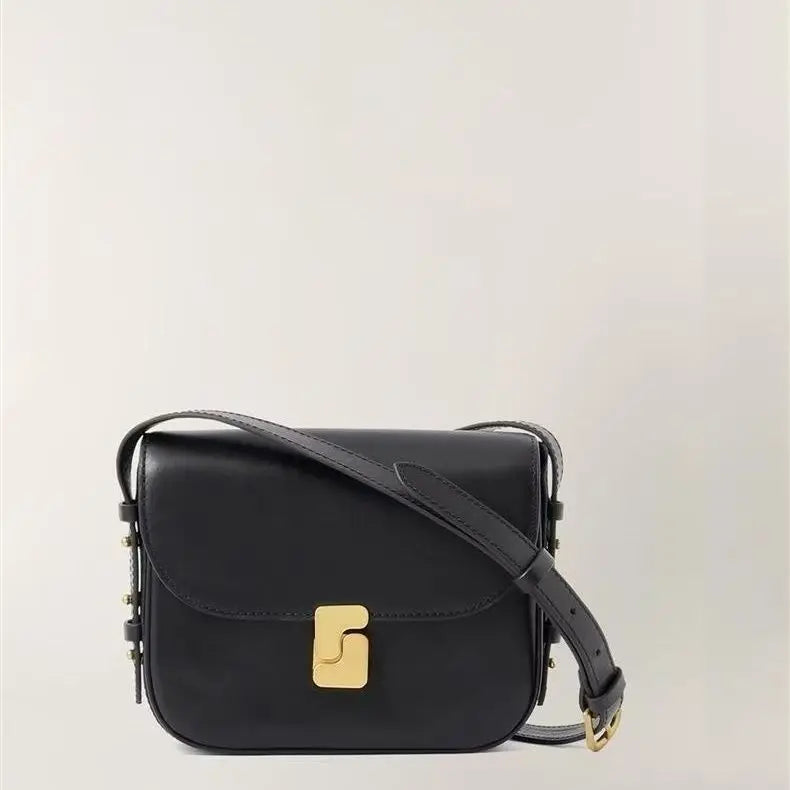 NEW Fashion French Head Layer Cowhide Small Square Bag Ladies Temperament Black Classic Small Shoulder Crossbody Bag Ladies Bag
